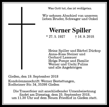 Traueranzeige von Werner Spiller von  Gießener Anzeiger
