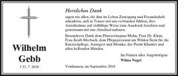 Traueranzeige von Wilhelm Gebb von  Kreisanzeiger
