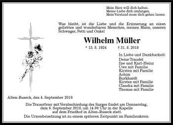 Traueranzeige von Wilhelm Müller von  Gießener Anzeiger