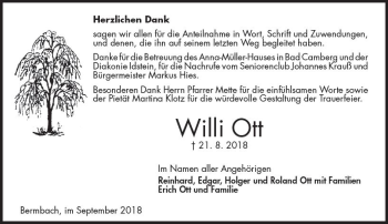 Traueranzeige von Willi Ott von  Camberger Anzeiger