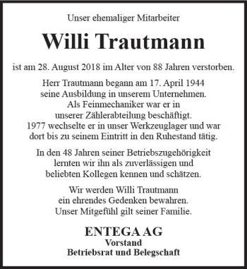 Traueranzeige von Willi Trautmann von vrm-trauer