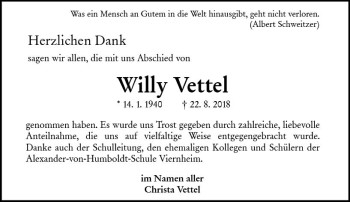 Traueranzeige von Willy Vettel von vrm-trauer