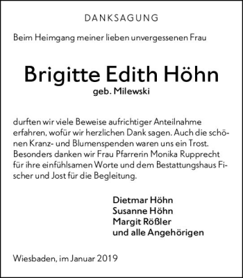 Traueranzeige von Brigitte Edith Höhn von vrm-trauer