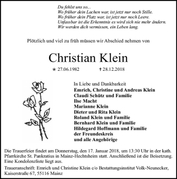 Traueranzeige von Christian Klein von vrm-trauer