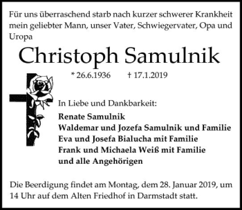 Traueranzeige von Christoph Samulnik von vrm-trauer