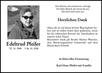 Traueranzeige von Edeltrud Pfeifer von vrm-trauer