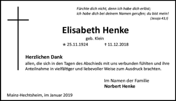 Traueranzeige von Elisabeth Henke von vrm-trauer