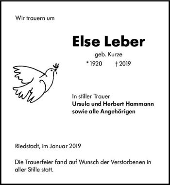 Traueranzeige von Else Leber von vrm-trauer