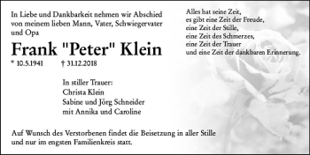 Traueranzeige von Frank Peter Klein von vrm-trauer