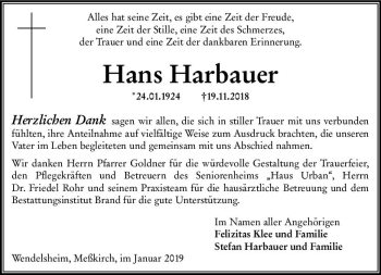 Traueranzeige von Hans Harbauer von vrm-trauer