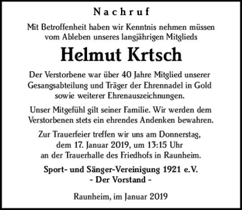 Traueranzeige von Helmut Krtsch von vrm-trauer