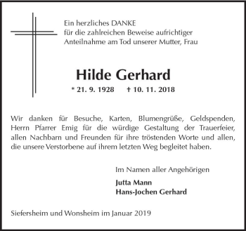 Traueranzeige von Hilde Gerhard von vrm-trauer