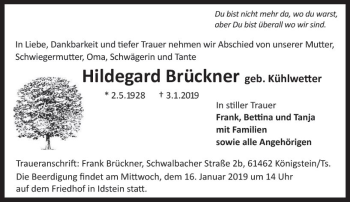 Traueranzeige von Hildegard Brückner von vrm-trauer