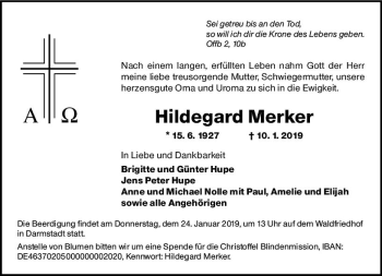 Traueranzeige von Hildegard Merker von vrm-trauer