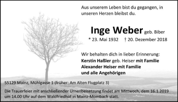 Traueranzeige von Inge Weber von vrm-trauer
