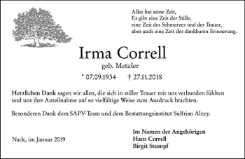 Traueranzeige von Irma Correll von vrm-trauer