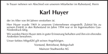 Traueranzeige von Karl Huyer von vrm-trauer