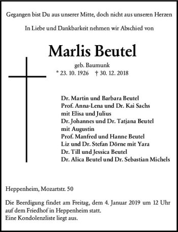 Traueranzeige von Marlis Beutel von vrm-trauer