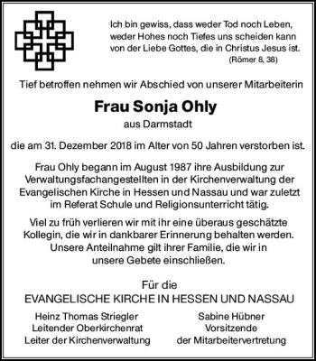 Traueranzeige von Sonja Ohly von vrm-trauer