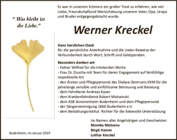 Traueranzeige von Werner Kreckel von vrm-trauer