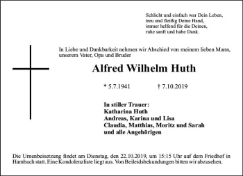 Traueranzeige von Alfred Wilhelm Huth von vrm-trauer