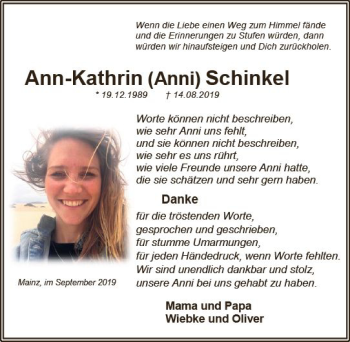 Traueranzeige von Ann-Kathrin Schinkel von vrm-trauer