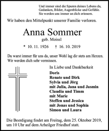 Traueranzeige von Anna Sommer von vrm-trauer