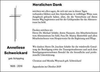 Traueranzeige von Anneliese Schweickard von vrm-trauer