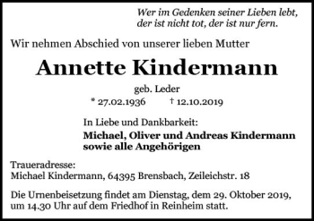 Traueranzeige von Annette Kindermann von vrm-trauer
