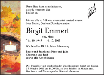 Traueranzeige von Birgit Emmert von  AZ - Allgemeine Zeitung Mainz