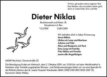 Traueranzeige von Dieter Niklas von vrm-trauer