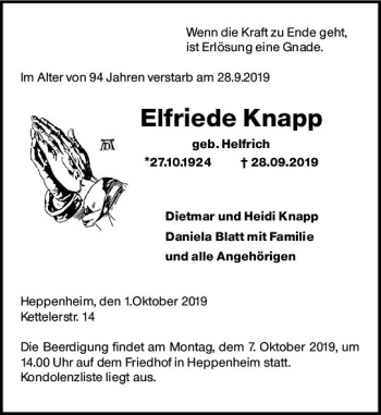Traueranzeige von Elfriede Knapp von vrm-trauer