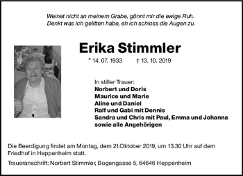 Traueranzeige von Erika Stimmler von vrm-trauer