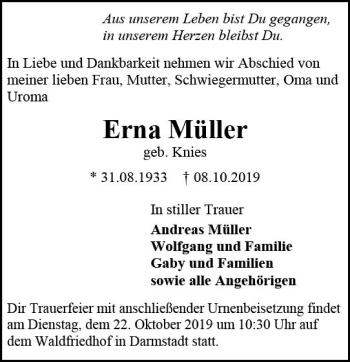 Traueranzeige von Erna Müller von vrm-trauer