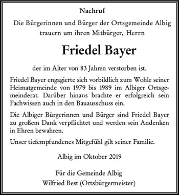 Traueranzeige von Friedel Bayer von vrm-trauer