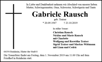 Traueranzeige von Gabriele Rausch von vrm-trauer