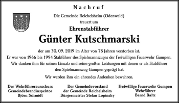 Traueranzeige von Günter Kutschmarski von vrm-trauer