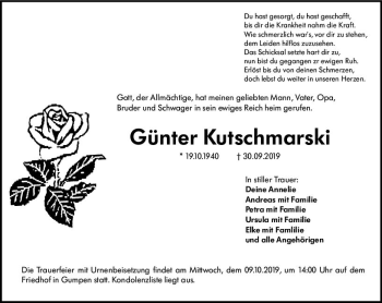 Traueranzeige von Günter Kutschmarski von vrm-trauer