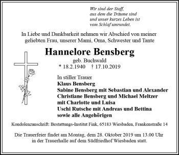 Traueranzeige von Hannelore Bensberg von vrm-trauer