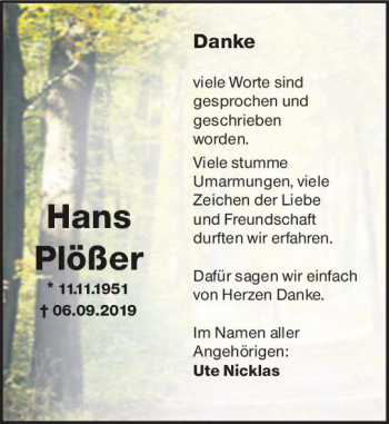 Traueranzeige von Hans Plößer von vrm-trauer