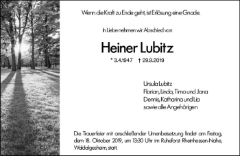 Traueranzeige von Heiner Lubitz von vrm-trauer