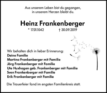 Traueranzeige von Heinz Frankenberger von vrm-trauer