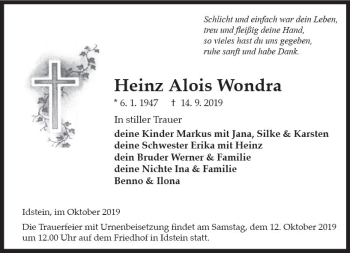 Traueranzeige von Heinz Alois Wondra von vrm-trauer