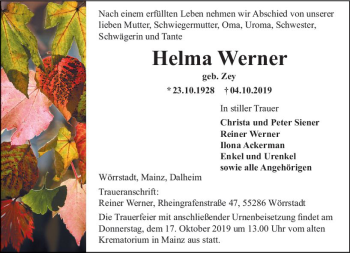 Traueranzeige von Helma Werner von vrm-trauer