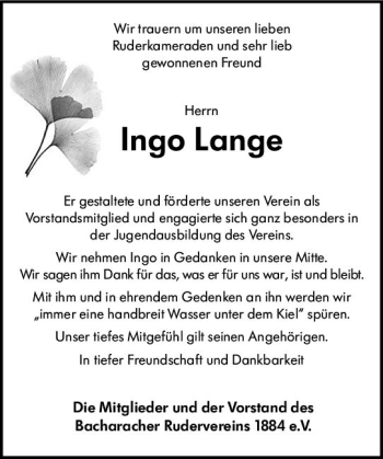 Traueranzeige von Ingo Lange von vrm-trauer