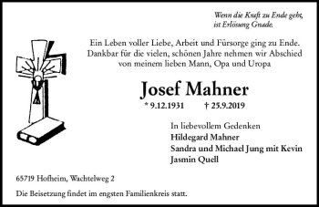 Traueranzeige von Josef Mahner von vrm-trauer