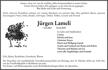 Traueranzeige von Jürgen Lameli von vrm-trauer