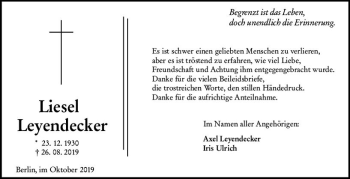 Traueranzeige von Liesel Leyendecker von vrm-trauer