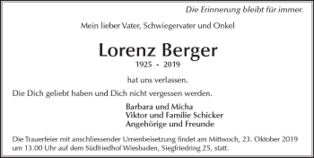Traueranzeige von Lorenz Berger von vrm-trauer