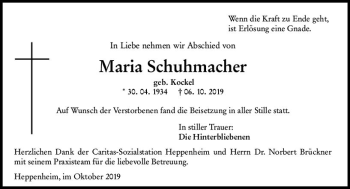 Traueranzeige von Maria Schuhmacher von vrm-trauer